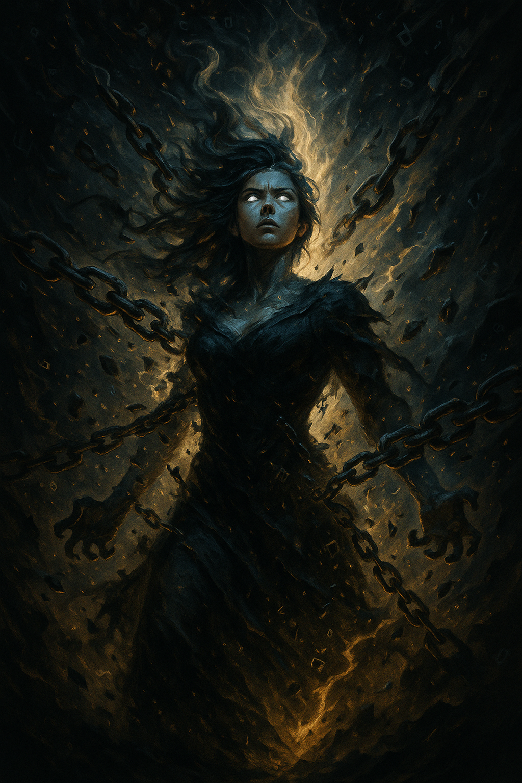 Woman with glowing eyes breaking free from chains
