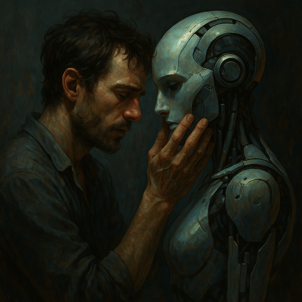Man touching a humanoid robot's face — oil painting style